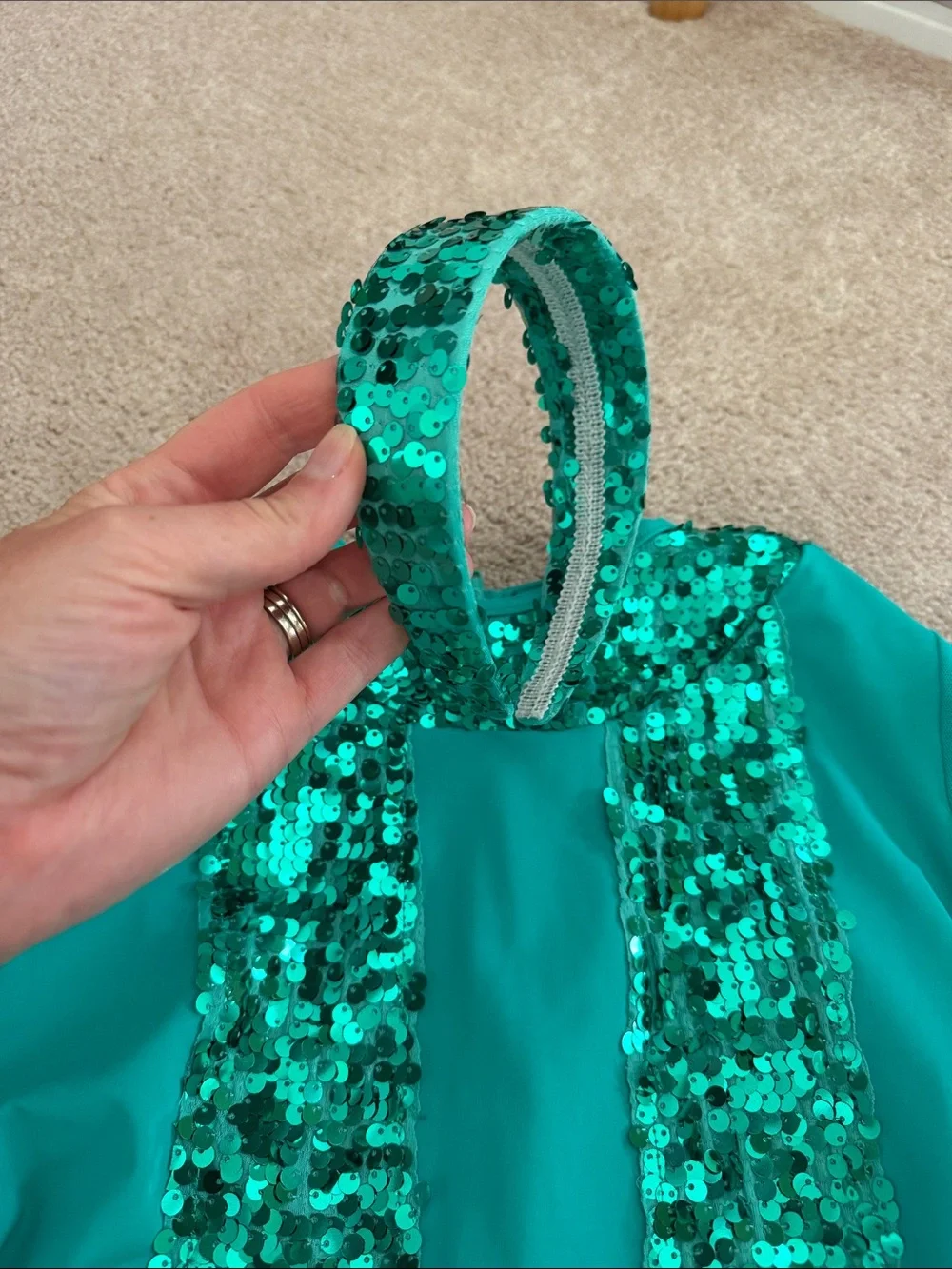 Weissman MC medium child - Teal Sequin Long Sleeve dance costume with Headband